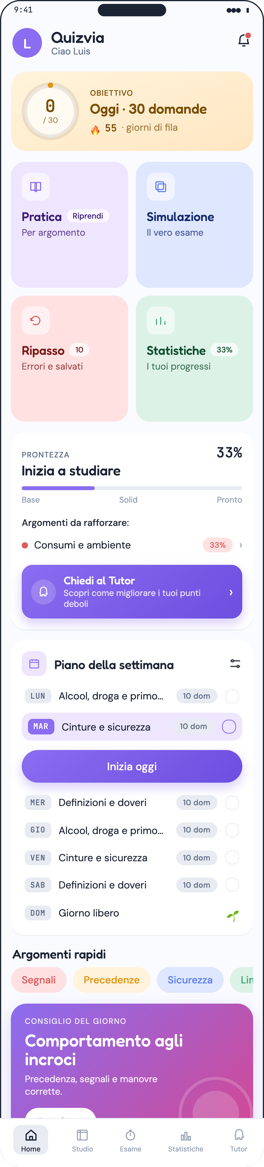 Schermata home di Quizvia